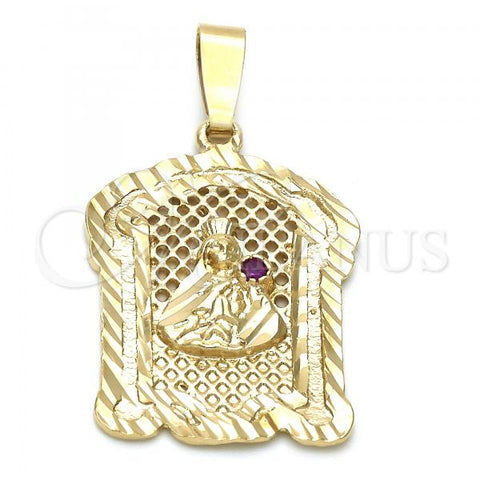 Oro Laminado Religious Pendant, Gold Filled Style Santa Barbara Design, with Ruby Cubic Zirconia, Diamond Cutting Finish, Golden Finish, 5.185.018