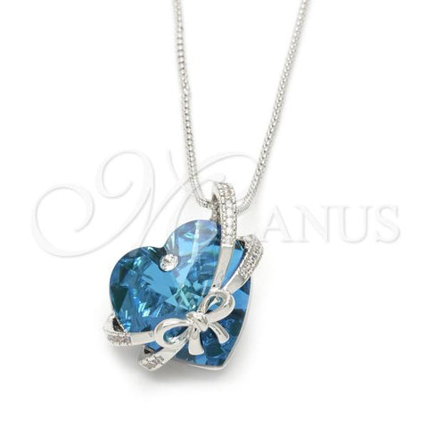 Rhodium Plated Pendant Necklace, Heart Design, with Bermuda Blue Swarovski Crystals and White Micro Pave, Polished, Rhodium Finish, 04.239.0001.16