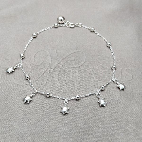 Sterling Silver Fancy Anklet, Turtle and Ball Design, Polished, Silver Finish, 03.409.0054.10