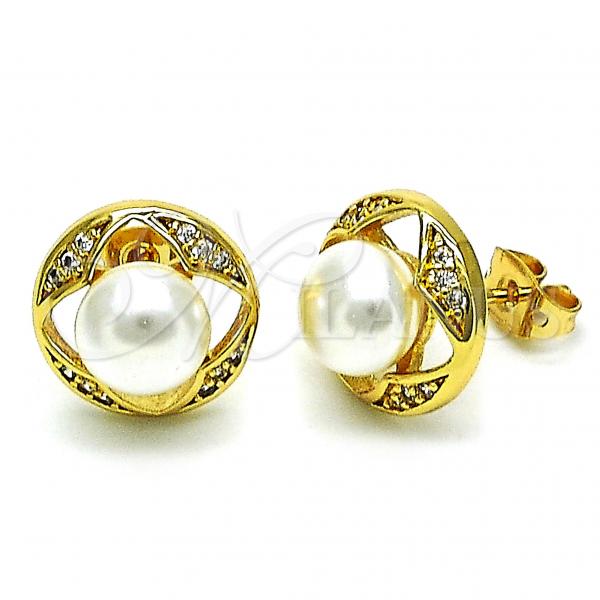 Oro Laminado Stud Earring, Gold Filled Style with Ivory Pearl and White Micro Pave, Polished, Golden Finish, 02.342.0237