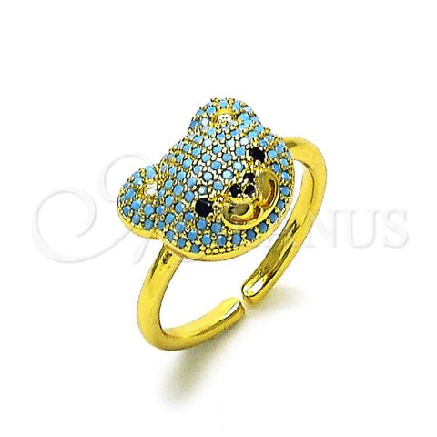 Oro Laminado Multi Stone Ring, Gold Filled Style Teddy Bear Design, with Turquoise and Black Micro Pave, Polished, Golden Finish, 01.368.0019.5