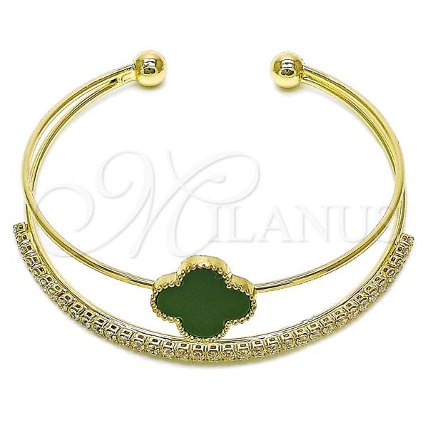 Oro Laminado Individual Bangle, Gold Filled Style Four-leaf Clover Design, with White Cubic Zirconia and Light Green Mother of Pearl, Polished, Golden Finish, 07.283.0003.2