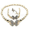 Oro Laminado Necklace, Bracelet and Earring, Gold Filled Style Hugs and Kisses and Butterfly Design, with White Crystal, Polished, Golden Finish, 06.372.0033