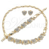 Oro Laminado Necklace, Bracelet and Earring, Gold Filled Style Hugs and Kisses and Heart Design, with White Crystal, Polished, Golden Finish, 06.372.0022