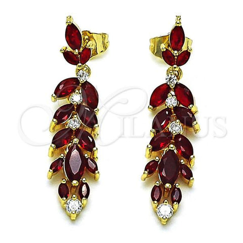 Oro Laminado Long Earring, Gold Filled Style Leaf Design, with Garnet and White Cubic Zirconia, Polished, Golden Finish, 02.346.0019