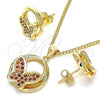Oro Laminado Earring and Pendant Adult Set, Gold Filled Style Butterfly Design, with Garnet Micro Pave, Polished, Golden Finish, 10.156.0258.2
