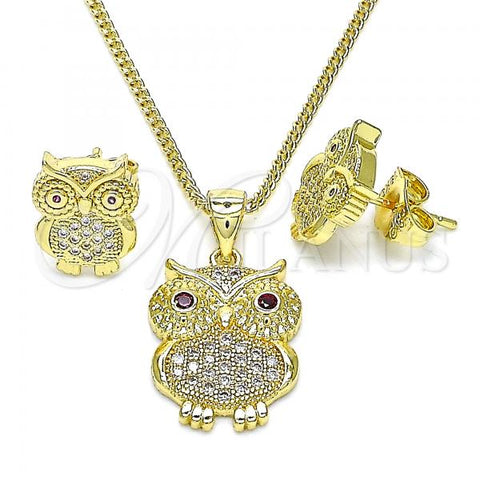 Oro Laminado Earring and Pendant Adult Set, Gold Filled Style Owl Design, with Ruby Cubic Zirconia and White Micro Pave, Polished, Golden Finish, 10.156.0390