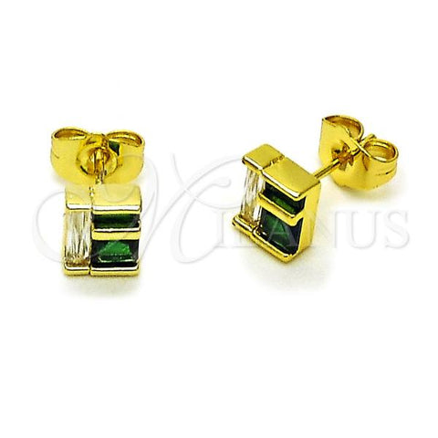 Oro Laminado Stud Earring, Gold Filled Style Baguette Design, with Green and White Cubic Zirconia, Polished, Golden Finish, 02.156.0712