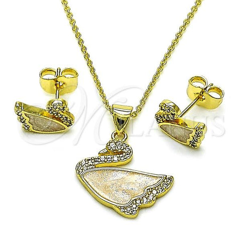 Oro Laminado Earring and Pendant Adult Set, Gold Filled Style Swan Design, with White Micro Pave, White Enamel Finish, Golden Finish, 10.156.0508