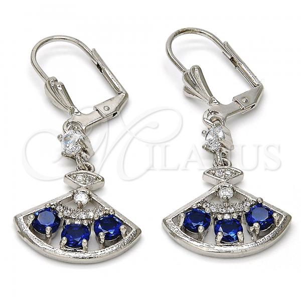 Rhodium Plated Long Earring, with Sapphire Blue Cubic Zirconia and White Micro Pave, Polished, Rhodium Finish, 02.236.0012.5