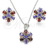 Sterling Silver Earring and Pendant Adult Set, Flower Design, with Multicolor Cubic Zirconia, Polished, Rhodium Finish, 10.286.0035