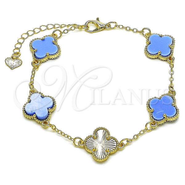 Oro Laminado Fancy Bracelet, Gold Filled Style Four-leaf Clover and Rolo Design, with Light Sapphire Mother of Pearl, Diamond Cutting Finish, Golden Finish, 03.414.0002.3.07