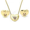 Oro Laminado Earring and Pendant Adult Set, Gold Filled Style Heart Design, with Garnet and White Micro Pave, Polished, Golden Finish, 10.156.0329.1