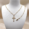 Oro Laminado Necklace and Bracelet, Gold Filled Style Crucifix and Miami Cuban Design, Polished, Golden Finish, 06.63.0279