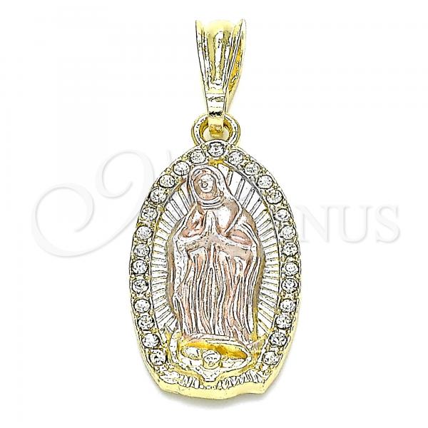 Oro Laminado Religious Pendant, Gold Filled Style Guadalupe Design, with White Crystal, Polished, Tricolor, 05.351.0202