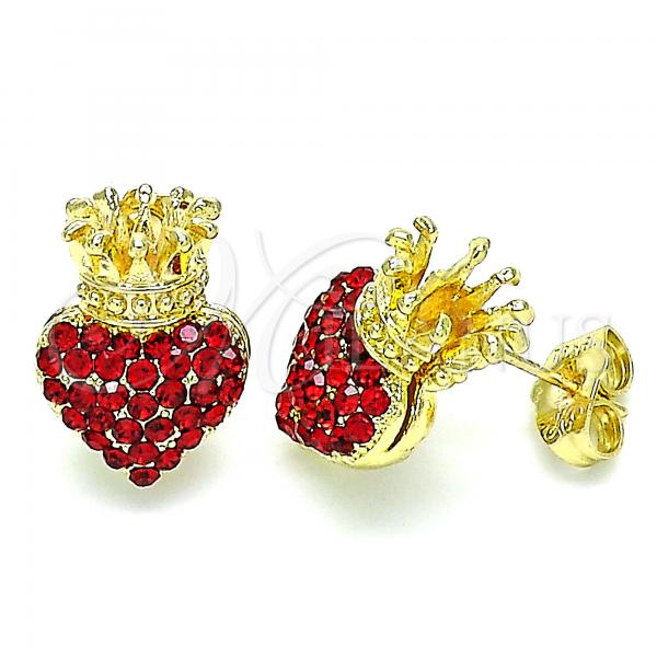 Oro Laminado Stud Earring, Gold Filled Style Heart and Crown Design, with Garnet Crystal, Polished, Golden Finish, 02.63.2708.1