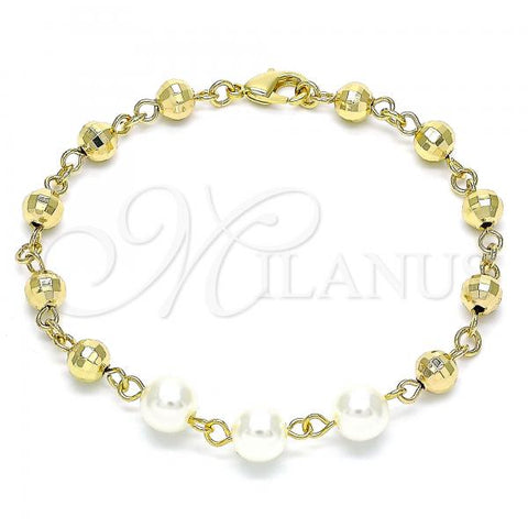 Oro Laminado Fancy Bracelet, Gold Filled Style Ball Design, with Ivory Pearl, Diamond Cutting Finish, Golden Finish, 03.63.2224.08