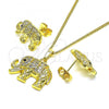 Oro Laminado Earring and Pendant Adult Set, Gold Filled Style Elephant Design, with White and Black Micro Pave, Polished, Golden Finish, 10.284.0026