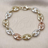 Oro Laminado Fancy Bracelet, Gold Filled Style Puff Mariner and Guadalupe Design, Polished, Tricolor, 03.411.0075.09