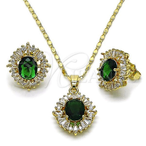 Oro Laminado Earring and Pendant Adult Set, Gold Filled Style Cluster and Baguette Design, with Green and White Cubic Zirconia, Polished, Golden Finish, 10.284.0043.1