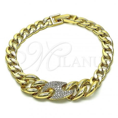 Oro Laminado Fancy Bracelet, Gold Filled Style Puff Mariner and Curb Design, with White Micro Pave, Polished, Golden Finish, 03.283.0295.08