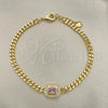 Oro Laminado Fancy Bracelet, Gold Filled Style Miami Cuban Design, with Pink Cubic Zirconia and White Micro Pave, Polished, Golden Finish, 03.213.0162.3.07