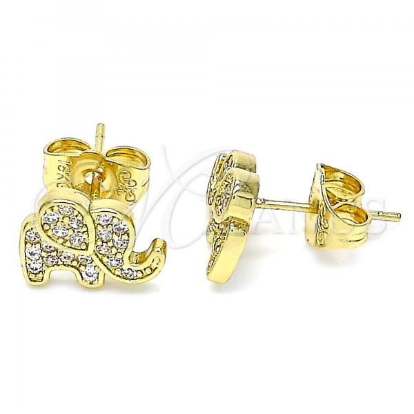 Oro Laminado Stud Earring, Gold Filled Style Elephant Design, with White Micro Pave, Polished, Golden Finish, 02.156.0545