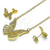 Oro Laminado Earring and Pendant Adult Set, Gold Filled Style Butterfly Design, with White Micro Pave, Polished, Golden Finish, 10.196.0074