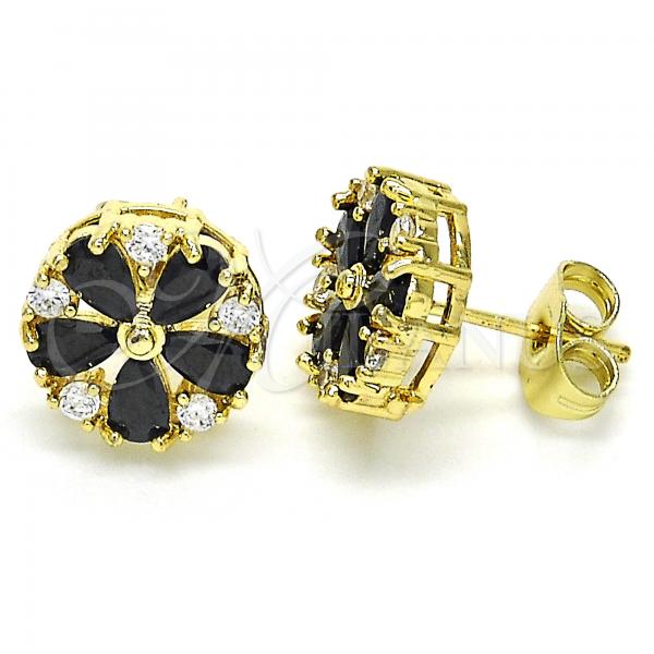 Oro Laminado Stud Earring, Gold Filled Style Flower Design, with Black and White Cubic Zirconia, Polished, Golden Finish, 02.210.0040.7