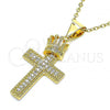 Oro Laminado Fancy Pendant, Gold Filled Style Cross and Crown Design, with White Micro Pave, Polished, Golden Finish, 05.342.0002