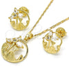 Oro Laminado Earring and Pendant Adult Set, Gold Filled Style Flower and Leaf Design, with White Cubic Zirconia, Polished, Golden Finish, 10.221.0019.1