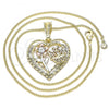 Oro Laminado Pendant Necklace, Gold Filled Style Heart and Flower Design, with White Crystal, Polished, Tricolor, 04.351.0018.20