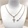 Oro Laminado Necklace and Bracelet, Gold Filled Style Cross and Miami Cuban Design, Polished, Golden Finish, 06.63.0268