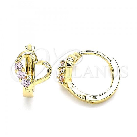 Oro Laminado Huggie Hoop, Gold Filled Style Heart Design, with Pink Cubic Zirconia, Polished, Golden Finish, 02.210.0618.1.12