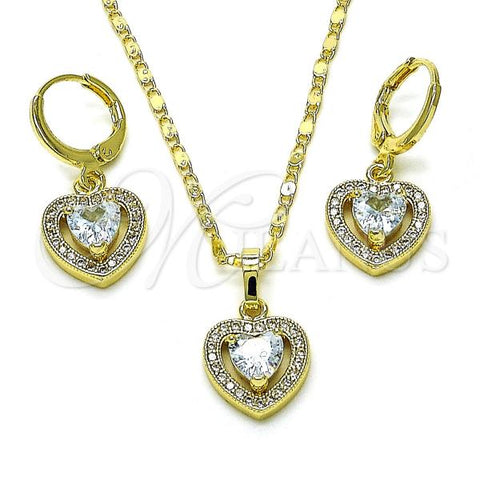 Oro Laminado Earring and Pendant Adult Set, Gold Filled Style Heart and Cluster Design, with White Cubic Zirconia and White Micro Pave, Polished, Golden Finish, 10.196.0141