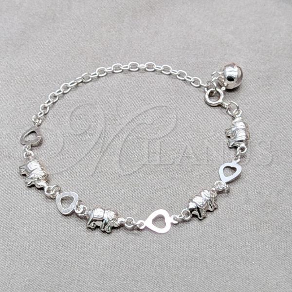 Sterling Silver Fancy Bracelet, Heart and Elephant Design, Polished, Silver Finish, 03.409.0128.07