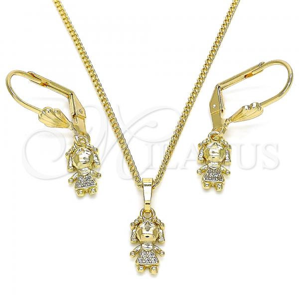 Oro Laminado Earring and Pendant Adult Set, Gold Filled Style Little Girl Design, with White Micro Pave, Polished, Golden Finish, 10.316.0056