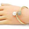 Oro Laminado Individual Bangle, Gold Filled Style Ball Design, with White Cubic Zirconia and Ivory Pearl, Polished, Golden Finish, 07.341.0066