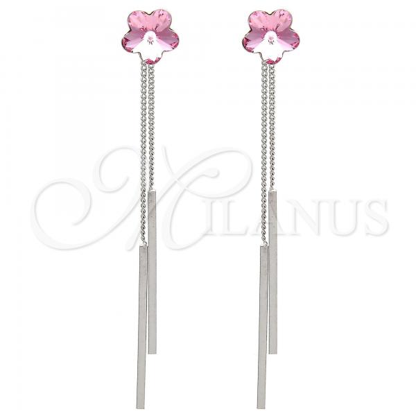 Rhodium Plated Long Earring, Flower Design, with Light Rose Swarovski Crystals, Polished, Rhodium Finish, 02.239.0022.1