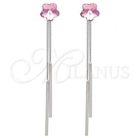 Rhodium Plated Long Earring, Flower Design, with Light Rose Swarovski Crystals, Polished, Rhodium Finish, 02.239.0022.1