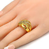 Oro Laminado Multi Stone Ring, Gold Filled Style Greek Key Design, with White Crystal, Polished, Golden Finish, 01.118.0036.08 (Size 8)
