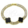 Oro Laminado Fancy Bracelet, Gold Filled Style Four-leaf Clover and Baguette Design, with Black Mother of Pearl and White Cubic Zirconia, Polished, Golden Finish, 03.283.0419.07