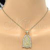 Oro Laminado Religious Pendant, Gold Filled Style Guadalupe Design, with White Cubic Zirconia, Polished, Golden Finish, 05.120.0019