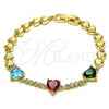 Oro Laminado Fancy Bracelet, Gold Filled Style Heart Design, with Multicolor Cubic Zirconia, Polished, Golden Finish, 03.283.0283.07