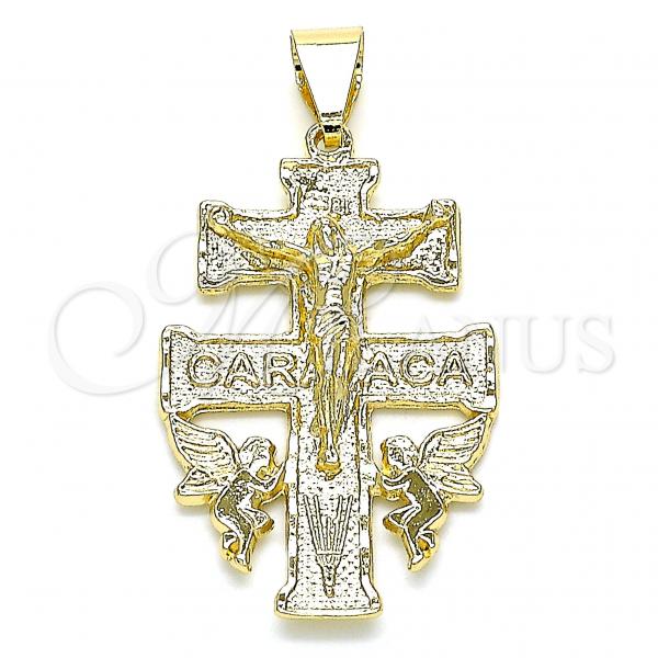Oro Laminado Religious Pendant, Gold Filled Style Crucifix and Angel Design, Polished, Golden Finish, 05.213.0110