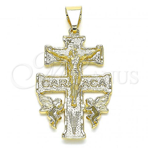 Oro Laminado Religious Pendant, Gold Filled Style Crucifix and Angel Design, Polished, Golden Finish, 05.213.0110