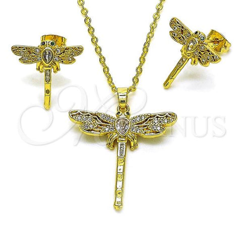Oro Laminado Earring and Pendant Adult Set, Gold Filled Style Dragon-Fly Design, with White Cubic Zirconia and White Micro Pave, Polished, Golden Finish, 10.381.0001