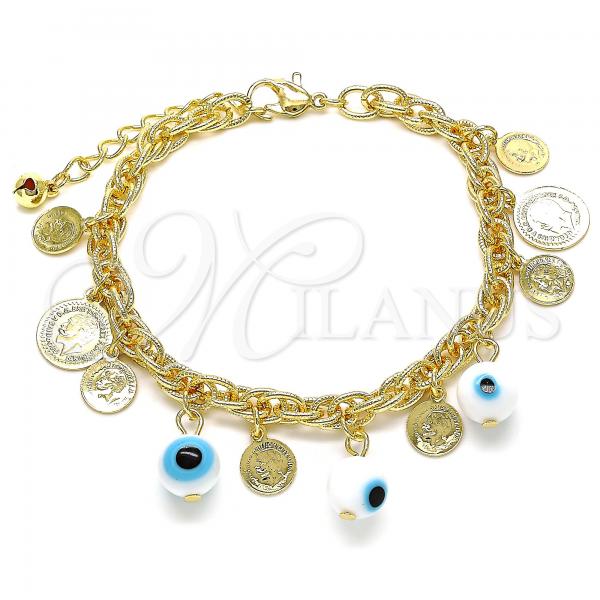 Oro Laminado Charm Bracelet, Gold Filled Style Evil Eye Design, Polished, Golden Finish, 03.331.0133.08