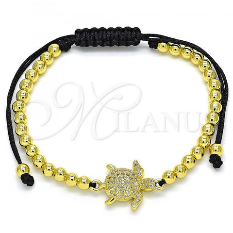Oro Laminado Adjustable Bolo Bracelet, Gold Filled Style Turtle and Ball Design, with White Micro Pave, Polished, Golden Finish, 03.299.0073.11