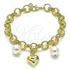 Oro Laminado Charm Bracelet, Gold Filled Style Rolo and Heart Design, with Ivory Pearl and White Cubic Zirconia, Diamond Cutting Finish, Golden Finish, 03.331.0266.09